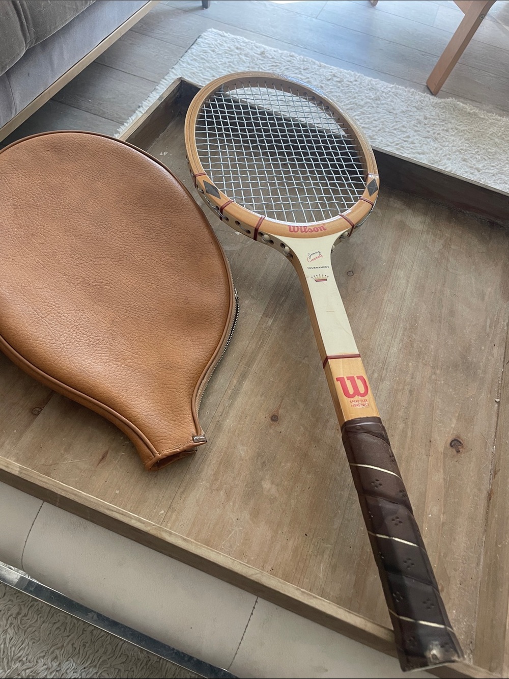 Wilson whinny Connors Wooden Tennis Racket in Cream and Brown with head case